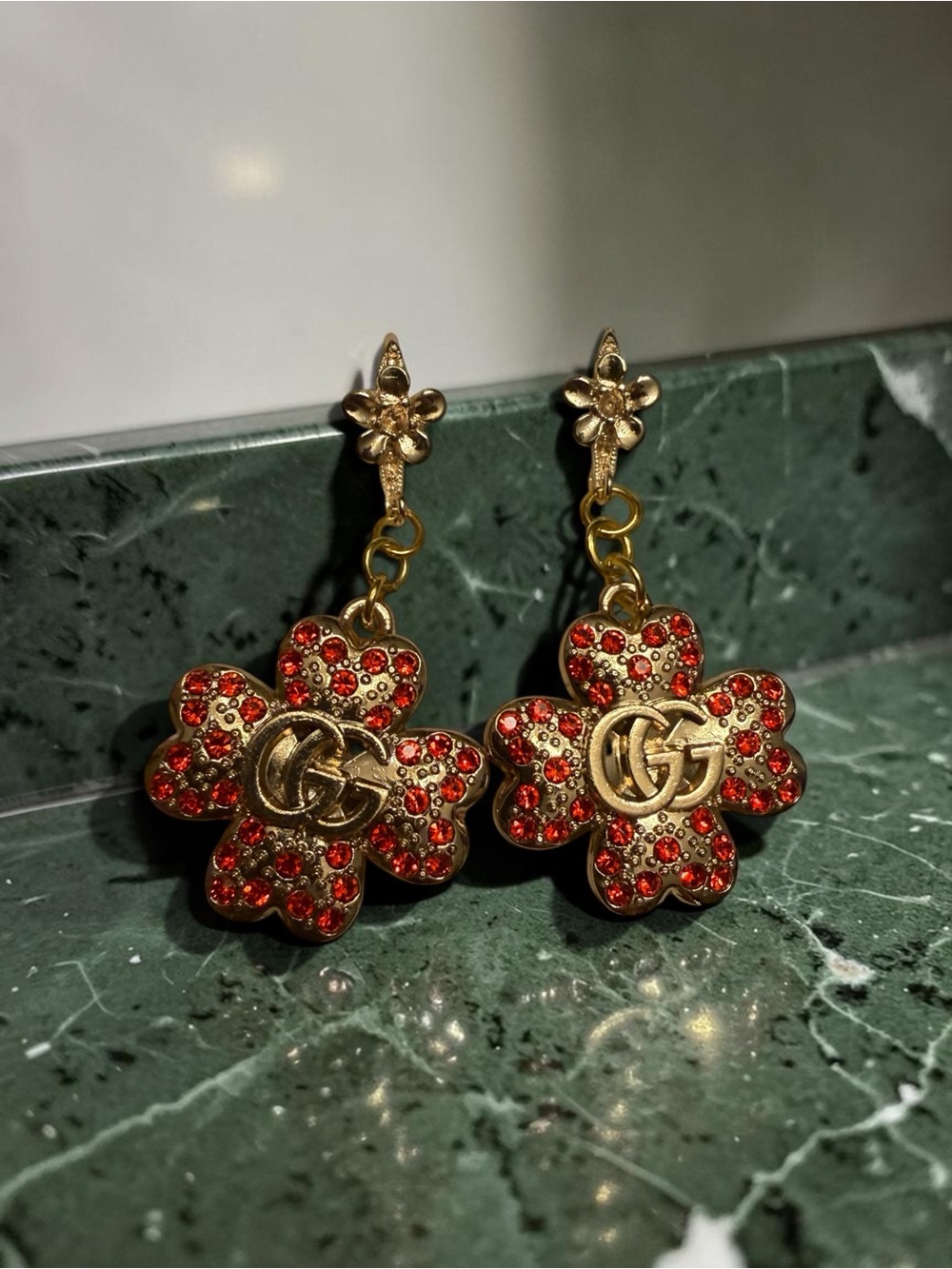 Clover earrings- gold with red rhinestone